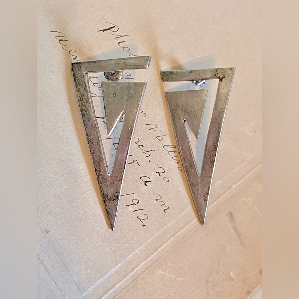 Large Vintage Sterling Silver Taxco Geometric Triangle Pierced Earrings TS-45